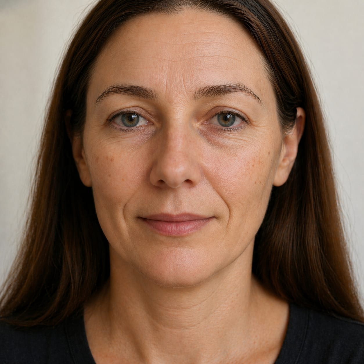 A woman in her forties, composed and looking directly at the camera
