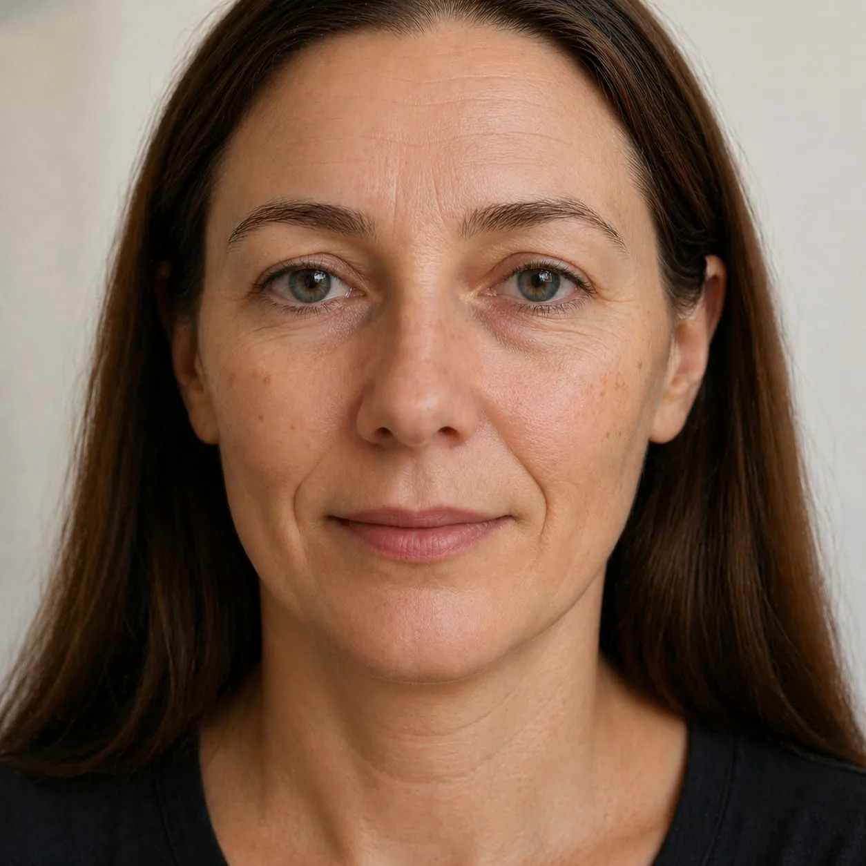 A woman in her forties, composed and looking directly at the camera