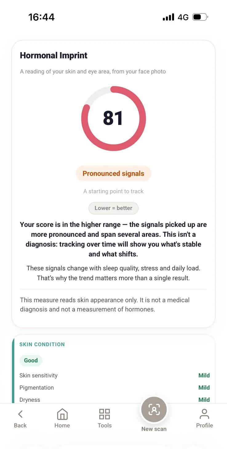 A real Peritale result screen showing a score and the note: a starting point to track