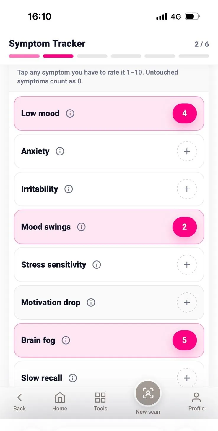 A real Peritale symptom snapshot screen on a phone